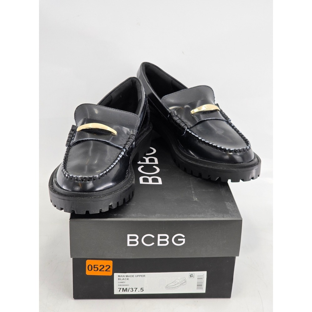 BCBG Laney Loafers Womens 7M Black Gold Bar Lug Sole Platform - New